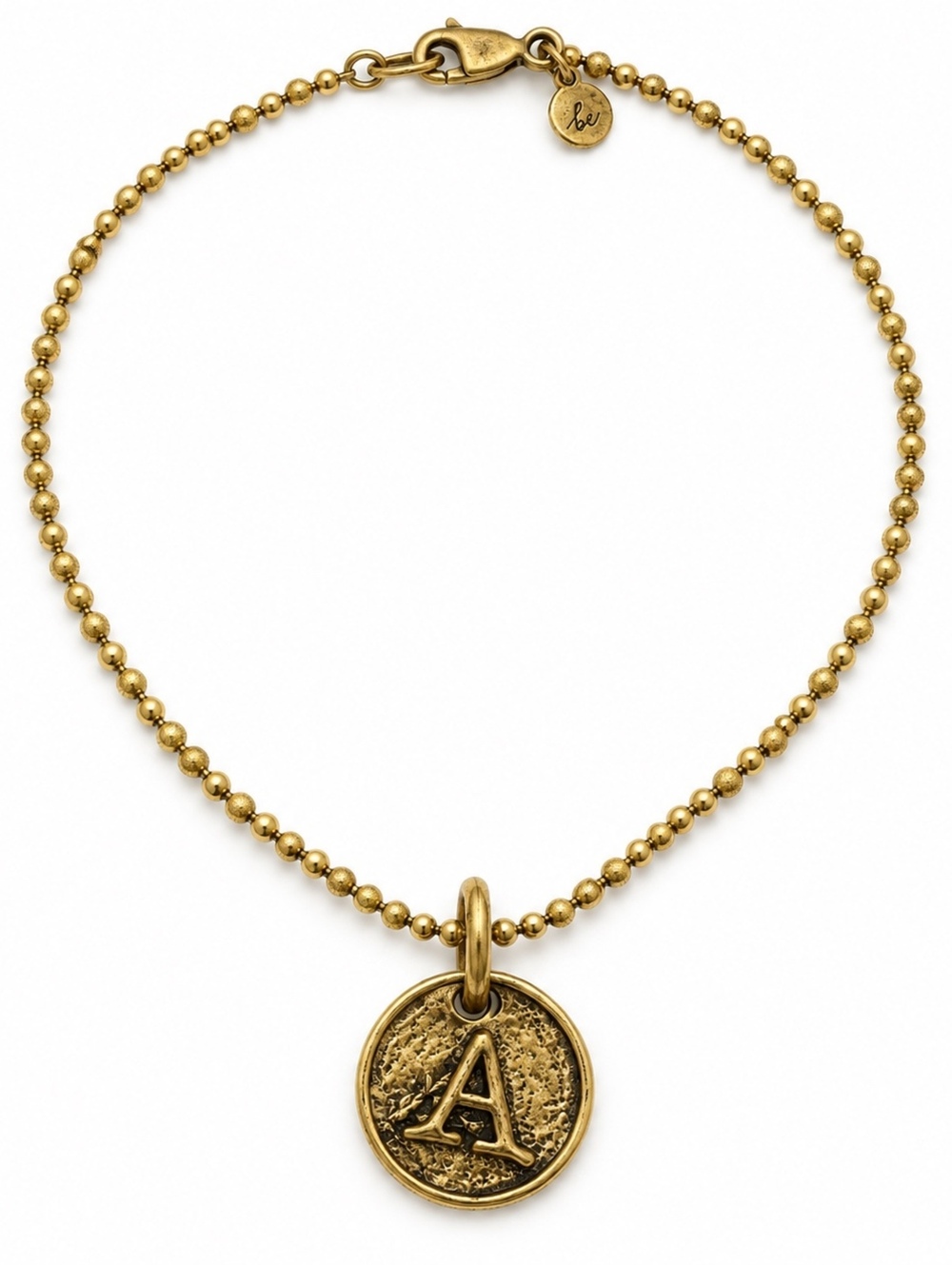 Beaucoup Designs Gold Tone Ball Chain Necklace Rustic Monogram Logo Tag Clasp